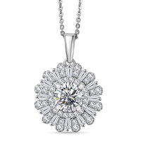 D'Joy Hearts & Arrow Cut Strontium Titanate and Moissanite 2.90 ctw Radiant Sunburst Pendant Necklace 20 Inches in Rhodium Over Sterling Silver