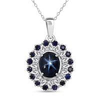 D'Joy Premium Blue Star Sapphire (DF), Multi Gemstone Celestial Bloom Pendant Necklace (20 Inches) in Rhodium Over Sterling Silver 6.20 ctw