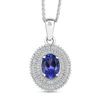 D'Joy AAA Tanzanite, Diamond Halo Pendant Necklace in Rhodium Over Sterling Silver 1.40 ctw (20 Inches)