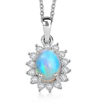 D'Joy Ethiopian Welo Opal, White Zircon Pendant in Platinum Over Sterling Silver with Stainless Steel Necklace 1.90 ctw (20 Inches)