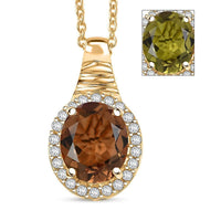 EverTrue Autumn Alexite, White Zircon Halo Pendant in 18K YG Plated with ION Plated YG Stainless Steel Necklace 5.40 ctw (20 Inches)