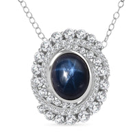 D'Joy Blue Star Sapphire (DF) and Moissanite 7.65 ctw Midnight Galaxy Pendant Necklace in Rhodium Over Sterling Silver 20 Inches