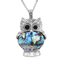 Abalone Shell, Black and White Austrian Crystal Owl Pendant in Silvertone with Stainless Steel Necklace 20-22 Inches