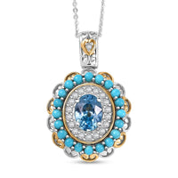 D'Joy AAA Cambodian Blue Zircon, Multi Gemstone Pendant Necklace in 18K Vermeil YG and Rhodium Over Sterling Silver 3.10 ctw (20 Inches)