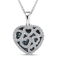 Luxuriant Lab Grown Blue Diamond and Lab Grown White Diamond SI 1.00 ctw Matrix Heart Pendant Necklace in Rhodium Over Sterling Silver 20 Inches (Del. in 7-10 Days)