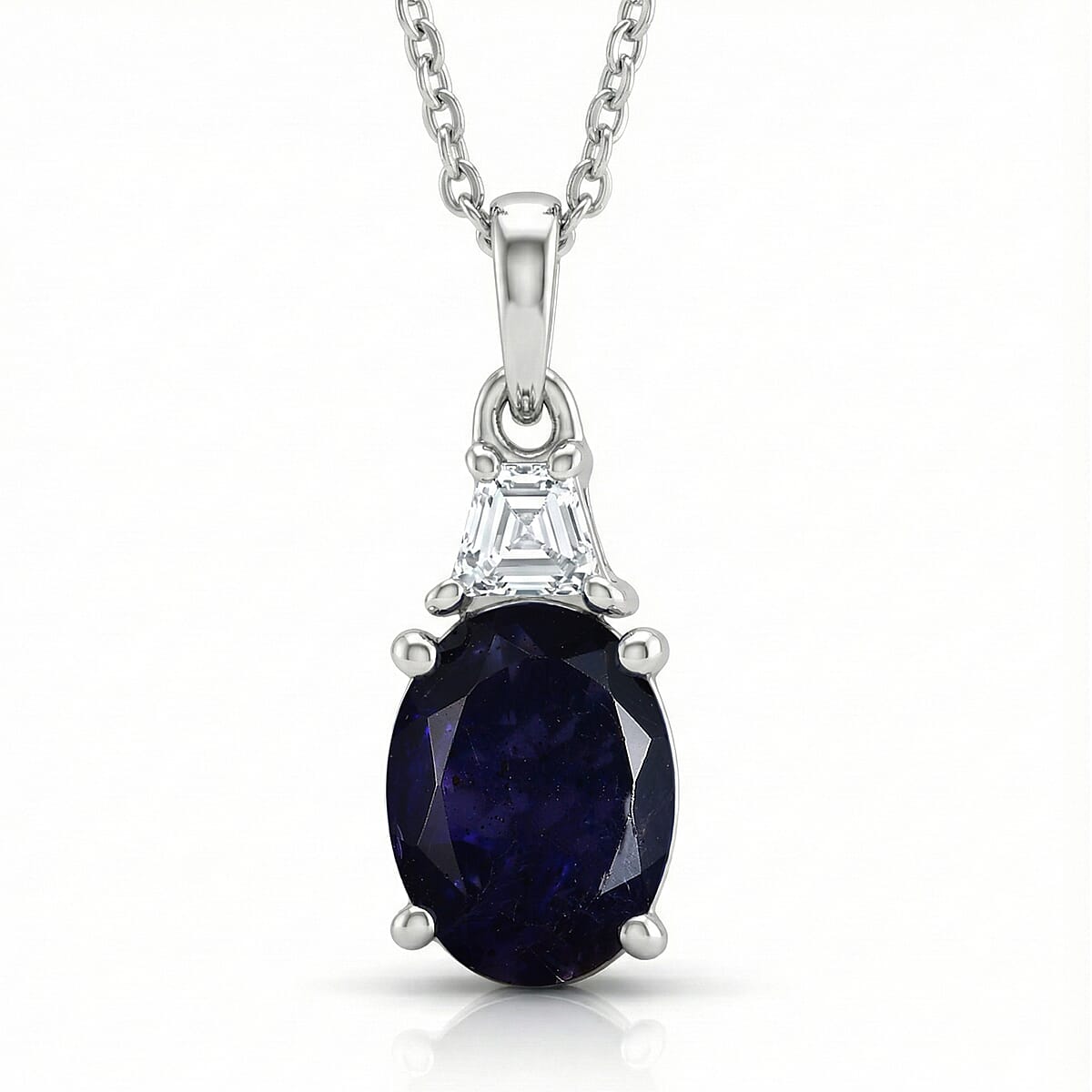 D'Joy Catalina Iolite, Moissanite Pendant Necklace in Rhodium Over Sterling Silver 1.65 ctw (20 Inches)