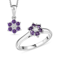 D'Joy African Amethyst, White Zircon Ring (Size 6.0) and Pendant Necklace (20 Inches) in Rhodium Over Sterling Silver 0.70 ctw