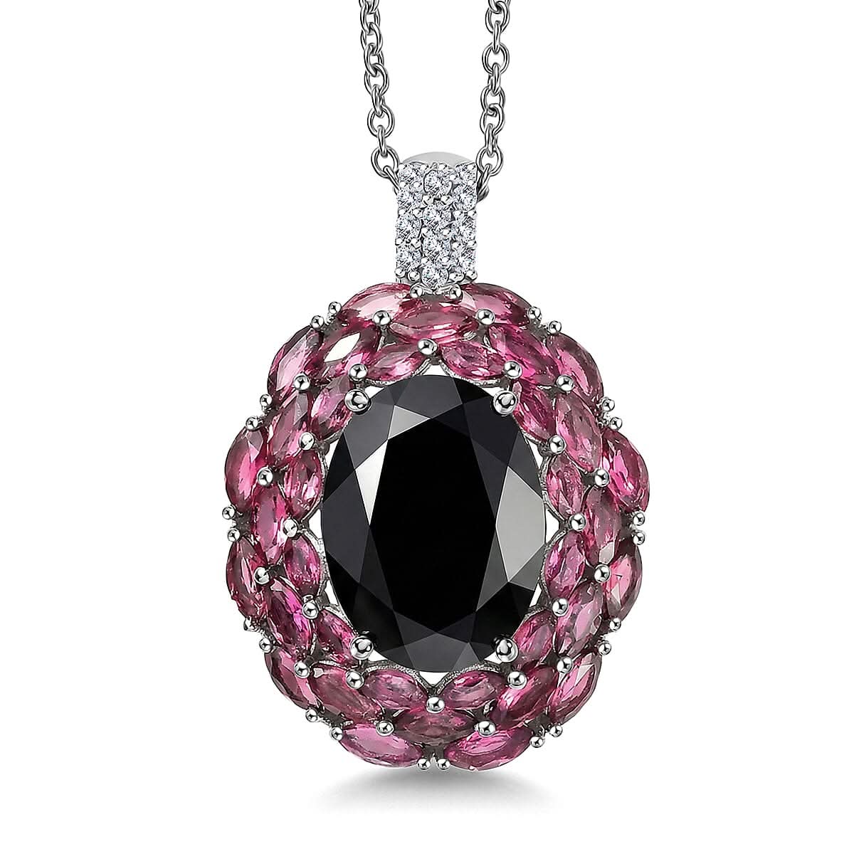 EverTrue Thai Black Spinel and Multi Gemstone 16.40 ctw Eclipse Majesty Pendant in Platinum Bond with Stainless Steel Necklace (20 Inches) (Del. in 7-10 Days)