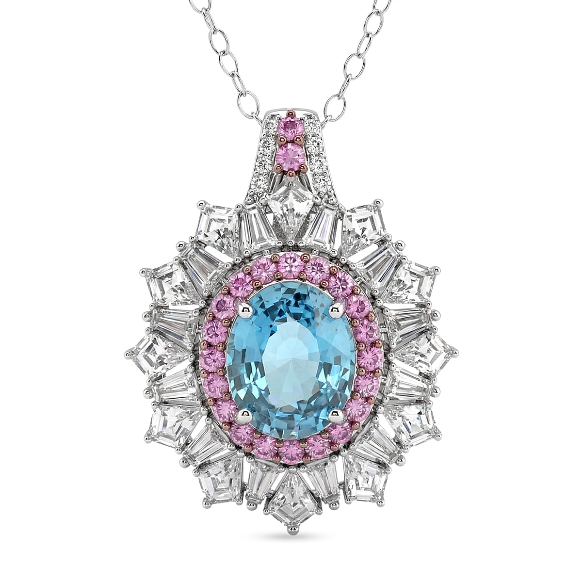 D'Joy Cambodian Blue Zircon, Multi Gemstone Pendant Necklace (20 Inches) in Rhodium Over Sterling Silver 7.65 ctw