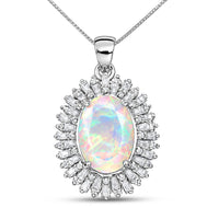 D'Joy Premium Ethiopian Welo Opal and Moissanite 4.90 ctw Moonlit Radiance Pendant Necklace in Rhodium Over Sterling Silver 20 Inches