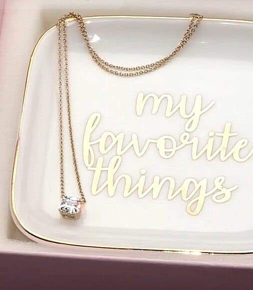 Asscher Cut Simulated Diamond Necklace 18 Inches in 14K YG Over Sterling Silver with My Favorite Things Ceramic Plate 4 Inch