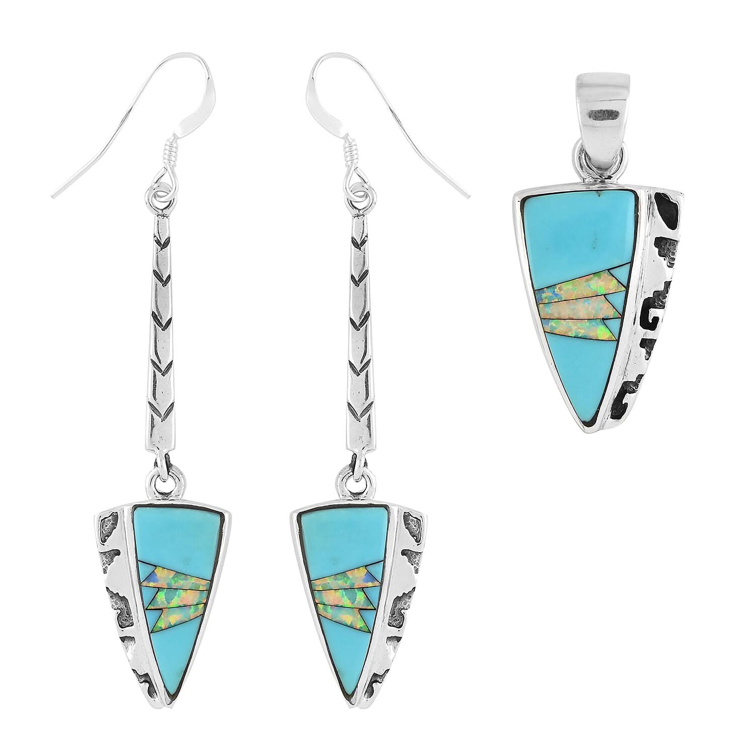 SANTA FE Style Turquoise, Lab Created Opal Arrowhead Pendant and Dangle Earrings in Sterling Silver (10 g) 1.55 ctw