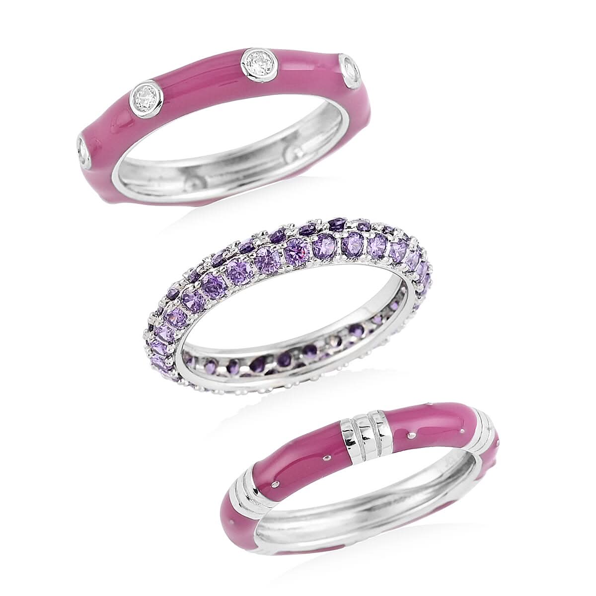 Set of 3 Simulated Diamond and Blue Enameled Band Ring in Rhodium Over Sterling Silver 7.30 Grams 7.80 ctw (1)