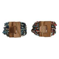 Set of 2 Multi Color Seed Beaded Stretch Bracelet with Wooden Lock