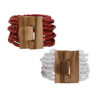 Set of 2 Red and White Seed Beaded Multi Layered Bracelet with Wooden Lock 6.00 ctw