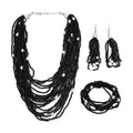 Black Seed Beaded, Simulated Pearl Multi Layered Necklace 20 Inches and Dangle Earrings and Stretch Bracelet in Stainless Steel - Sticky add to cart bar