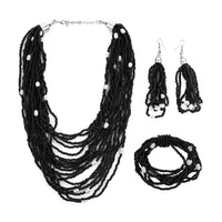Black Seed Beaded, Simulated Pearl Multi Layered Necklace 20 Inches and Dangle Earrings and Stretch Bracelet in Stainless Steel