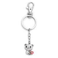 White Austrian Crystal, Enameled Panda Keychain in Stainless Steel