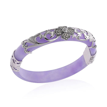 157.00 ctw Purple Jade, Swiss Marcasite Bangle Bracelet in Black Oxidized Sterling Silver (6.75 in) - Product card gallery slide 1 (9431127425279)