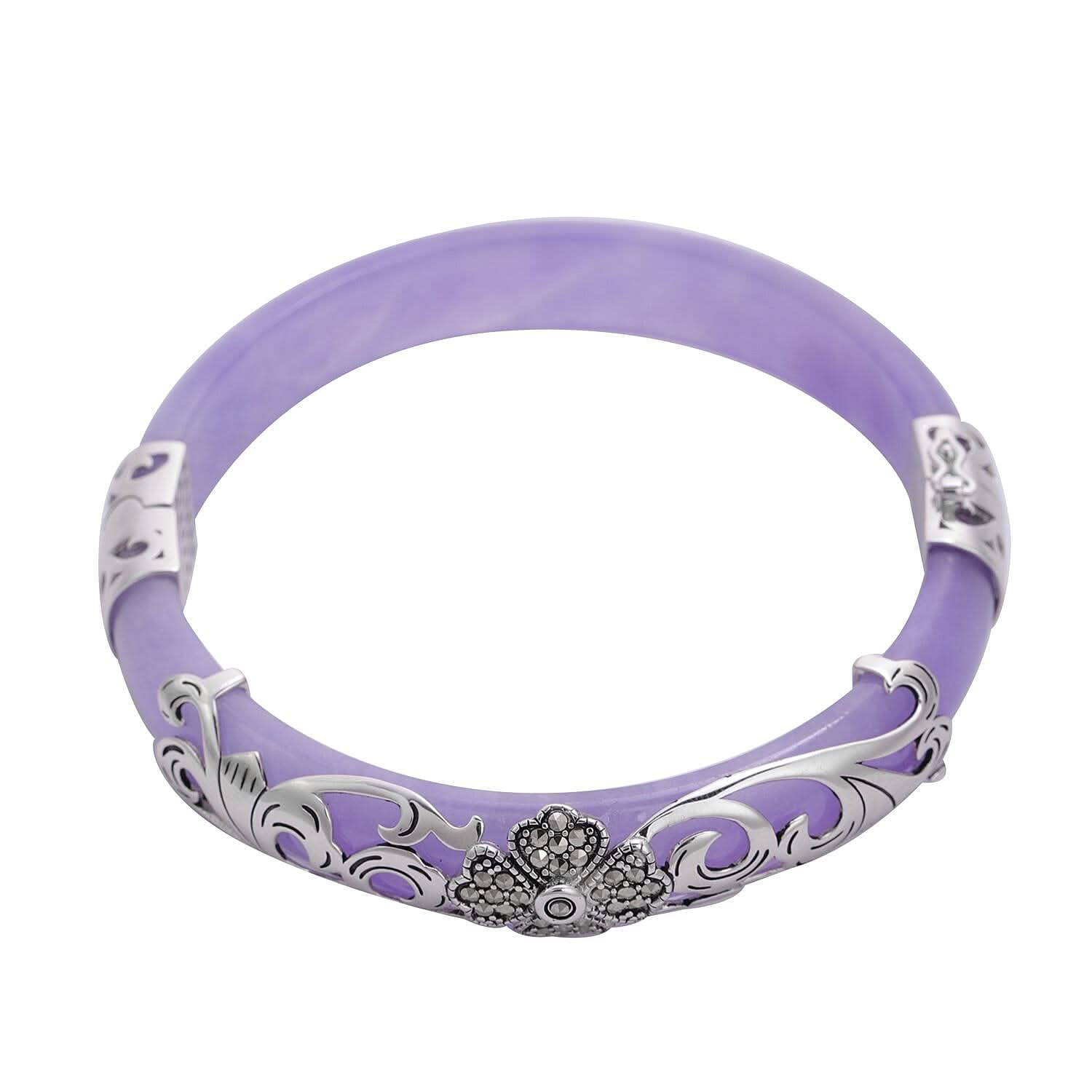 157.00 ctw Purple Jade, Swiss Marcasite Bangle Bracelet in Black Oxidized Sterling Silver (6.75 in) (3)