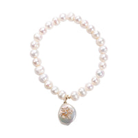 White Freshwater Pearl and Simulated Multi Diamond Coin Cultured Pearl Charm with Dragonfly Stretch Bracelet in Goldtone 0.10 ctw