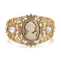Brown Cameo and Multi Crystal and Glass Bangle Bracelet in Goldtone (6.50 In)