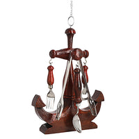 Handcrafted Mango Anchor Shape Cutlery Stand with Stainless Steel Spoon, Fork, Bottle Opener, Steel Tong set