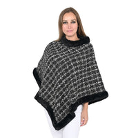 Black Checkered Pattern Poncho with Faux Fur Trim
