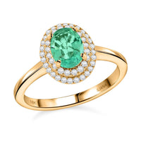 Certified Iliana 18K Yellow Gold AAA Ethiopian Emerald and G-H SI Diamond Double Halo Ring 1.00 ctw