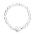 White Coin Keshi Pearl and White Freshwater Cultured Pearl Stretch Bracelet in Sterling Silver - Sticky add to cart bar