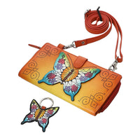 SUKRITI- Multi Color Butterfly Theme Hand Painted Genuine Leather 2in1 Crossbody Bag with Adjustable Leather Strap (8"X4.25"X1.12")