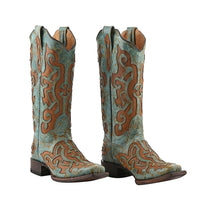 TANNER MARK 100% Genuine Leather Western Style Square Toe Boot with Glitter Lace Design - Turquoise/Cognac - Size 10.5