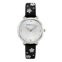 BCBGeneration Austrian Crystal Japanese Movement White Floral Vegan Leather Strap Watch in Goldtone (34mm)
