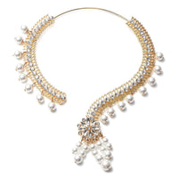 Simulated White Pearl and Multi Gemstone Tassel Necklace 16 Inches in Goldtone