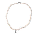 Freshwater White Cultured Pearl 6-8mm and Austrian Crystal Chevron Charm Necklace 20 Inches in Silvertone - Sticky add to cart bar
