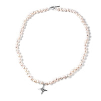 Freshwater White Cultured Pearl 6-8mm and Austrian Crystal Chevron Charm Necklace 20 Inches in Silvertone