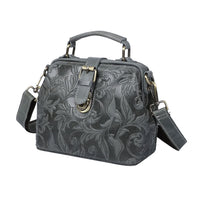 Black Genunie Leather Leaves Embossed Pattern Crossbody Bag with Handle Drop and Shoulder Strap
