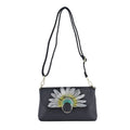 HONG KONG CLOSEOUT Collection Black Color Sunflower Embossed Pattern Genuine Leather Crossbody Bag (9.84"x5.9"x2.76") with Shoulder Strap - Sticky add to cart bar