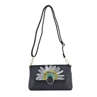 HONG KONG CLOSEOUT Collection Black Color Sunflower Embossed Pattern Genuine Leather Crossbody Bag (9.84"x5.9"x2.76") with Shoulder Strap