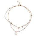 White Freshwater Pearl, White Mystic Color Glass and Resin 2 Row Layered Necklace with Coin Charm 20.5 Inches in Goldtone - Sticky add to cart bar