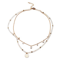 White Freshwater Pearl, White Mystic Color Glass and Resin 2 Row Layered Necklace with Coin Charm 20.5 Inches in Goldtone