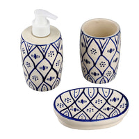 Set of 3 Ceramic Bathroom Accessory Liquid Soap Dispenser, Soap Tray & Tumbler - Blue and White (8x8x6)