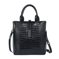 PASSAGE Black Crocodile Embossed Pattern Genuine Leather Tote Bag with Set of 2 Woven & Leather Strap