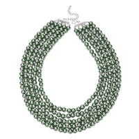 Simulated Green Pearl, White Austrian Crystal Multilayer Necklace 22.50 Inches in Silvertone