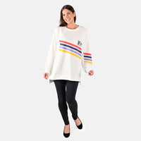 DUBGEE White Long Sleeve Multicolor Stripe Logo French Terry Sweatshirt- S