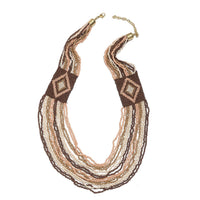 Beige and Brown Seed Beaded Multi Strand Necklace (30 Inches) in Goldtone