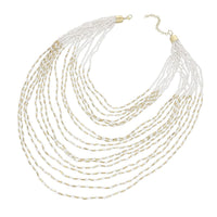 White and Gold Glass Seed Beaded Multi Strand Necklace (30 Inches) in Goldtone