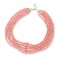 Simulated Peach Pearl Beaded Multi Row Necklace with Charm 22-25 Inches in Rosetone