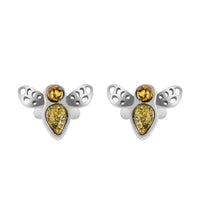 Mayan Green Amber Insect Stud Earrings in Sterling Silver