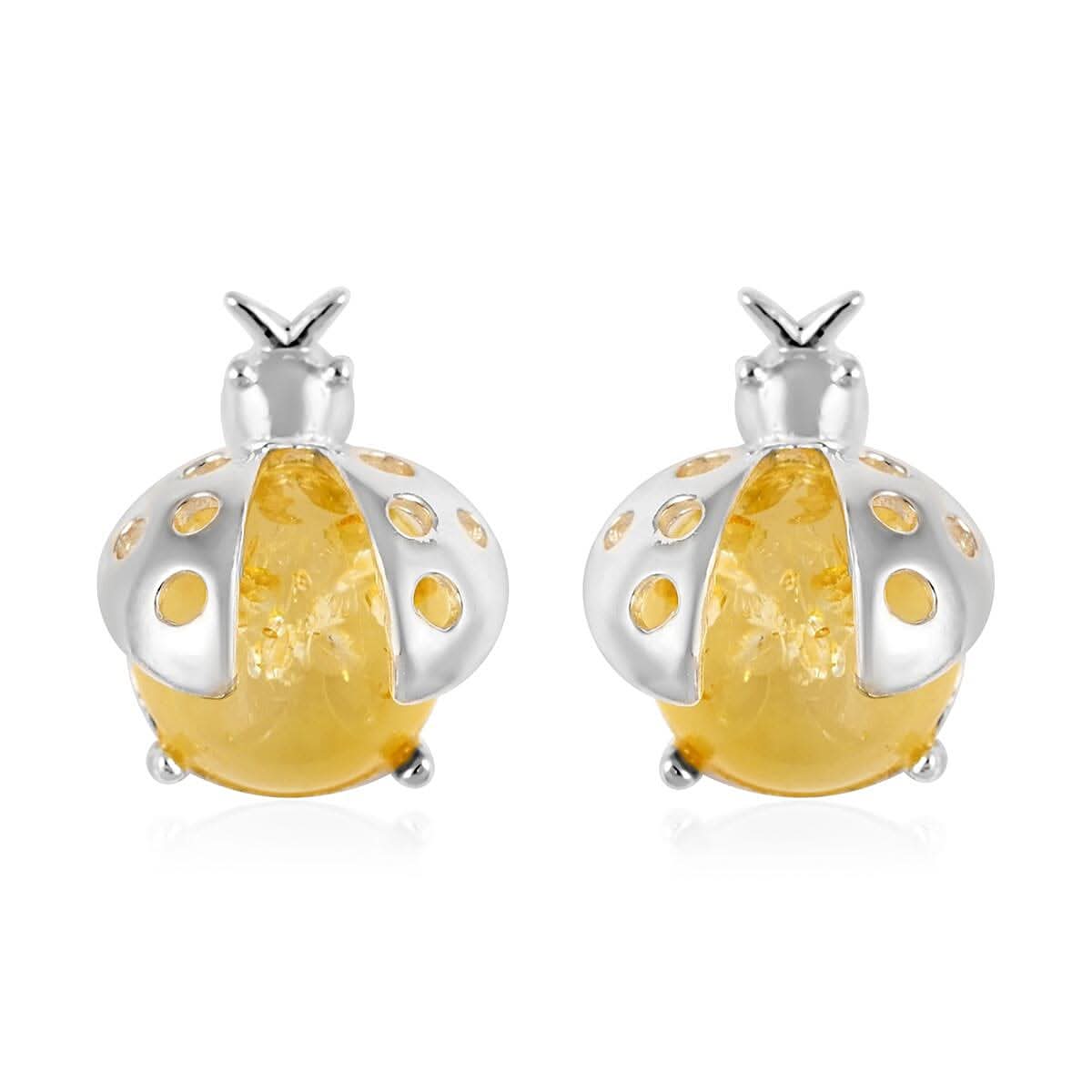 Yellow Amber Insect Ball Stud Earrings in Sterling Silver